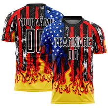 Load image into Gallery viewer, Custom Black Red Royal-Gold American Flag Flame Sublimation Soccer Uniform Jersey
