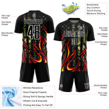 Load image into Gallery viewer, Custom Camo Black Red-Gold Flame Sublimation Salute To Service Soccer Uniform Jersey
