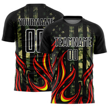 Load image into Gallery viewer, Custom Camo Black Red-Gold Flame Sublimation Salute To Service Soccer Uniform Jersey
