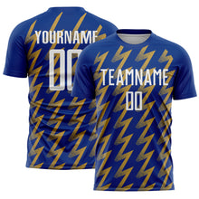 Load image into Gallery viewer, Custom Royal White-Old Gold Zigzag Shape Sublimation Soccer Uniform Jersey
