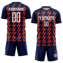 Load image into Gallery viewer, Custom Navy White-Orange Zigzag Shape Sublimation Soccer Uniform Jersey
