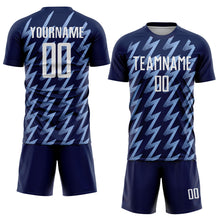 Load image into Gallery viewer, Custom Navy White-Light Blue Zigzag Shape Sublimation Soccer Uniform Jersey
