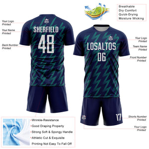 Custom Navy White-Teal Zigzag Shape Sublimation Soccer Uniform Jersey