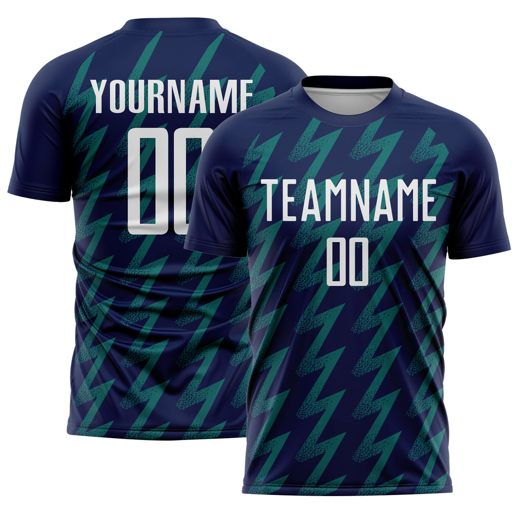 Custom Navy White-Teal Zigzag Shape Sublimation Soccer Uniform Jersey