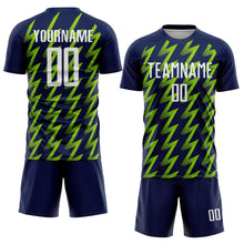 Load image into Gallery viewer, Custom Navy White-Neon Green Zigzag Shape Sublimation Soccer Uniform Jersey
