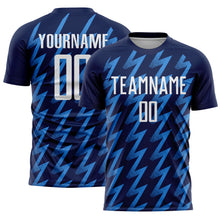 Load image into Gallery viewer, Custom Navy White-Powder Blue Zigzag Shape Sublimation Soccer Uniform Jersey
