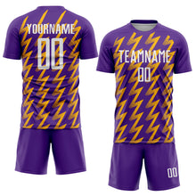 Load image into Gallery viewer, Custom Purple White-Gold Zigzag Shape Sublimation Soccer Uniform Jersey
