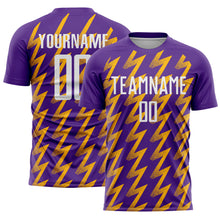 Load image into Gallery viewer, Custom Purple White-Gold Zigzag Shape Sublimation Soccer Uniform Jersey
