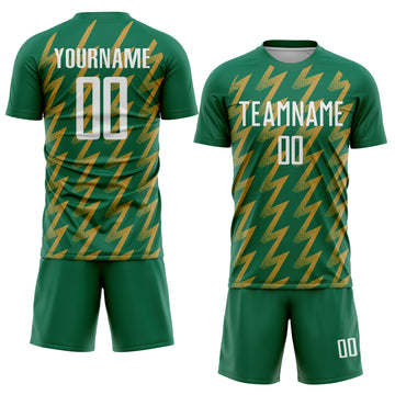 Custom Kelly Green White-Old Gold Zigzag Shape Sublimation Soccer Uniform Jersey