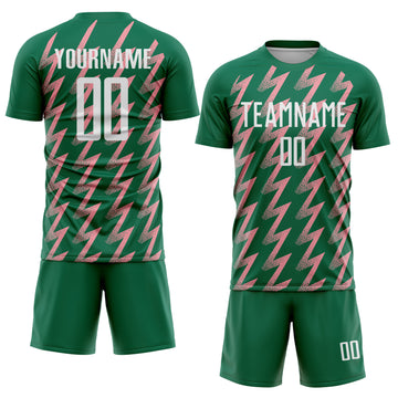 Custom Kelly Green White-Medium Pink Zigzag Shape Sublimation Soccer Uniform Jersey