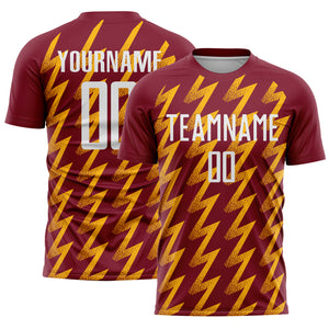 Custom Crimson White-Gold Zigzag Shape Sublimation Soccer Uniform Jersey