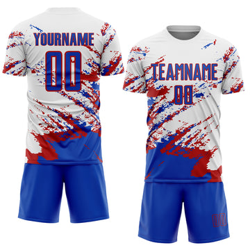 Custom White Thunder Blue-Red Abstract Fragment Art Splash Sublimation Soccer Uniform Jersey