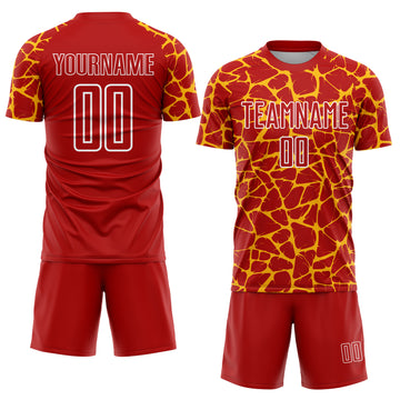 Custom Red Gold-White Abstract Network Splash Sublimation Soccer Uniform Jersey