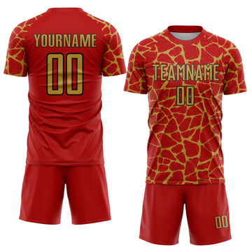 Custom Red Old Gold-Black Abstract Network Splash Sublimation Soccer Uniform Jersey