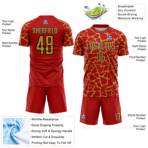 Custom Red Old Gold-Black Abstract Network Splash Sublimation Soccer Uniform Jersey