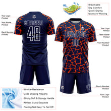 Load image into Gallery viewer, Custom Navy Orange-White Abstract Network Splash Sublimation Soccer Uniform Jersey
