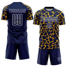 Load image into Gallery viewer, Custom Navy Gold-White Abstract Network Splash Sublimation Soccer Uniform Jersey
