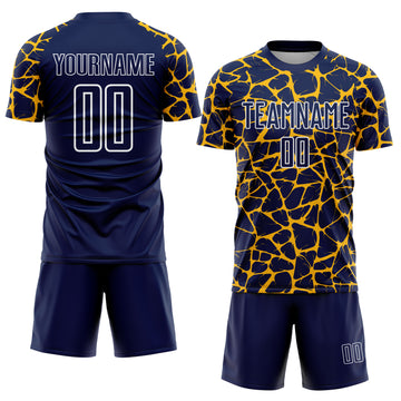 Custom Navy Gold-White Abstract Network Splash Sublimation Soccer Uniform Jersey