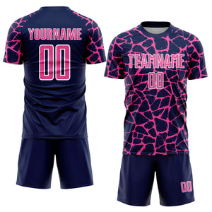 Custom Navy Pink-White Abstract Network Splash Sublimation Soccer Uniform Jersey