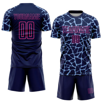 Custom Navy Light Blue-Pink Abstract Network Splash Sublimation Soccer Uniform Jersey