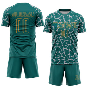 Custom Teal Gray-Old Gold Abstract Network Splash Sublimation Soccer Uniform Jersey