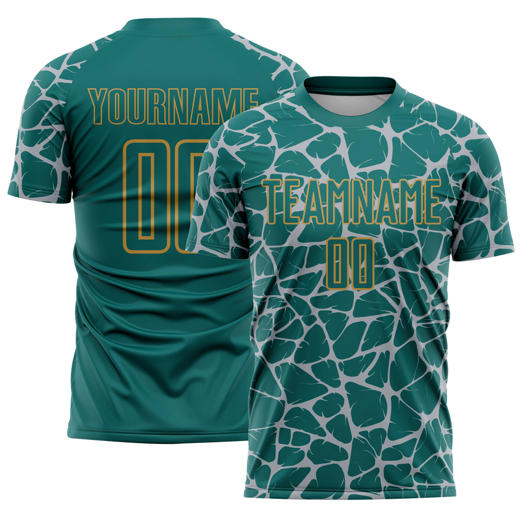 Custom Teal Gray-Old Gold Abstract Network Splash Sublimation Soccer Uniform Jersey