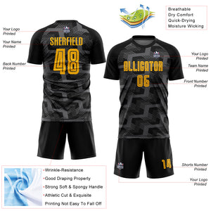 Custom Black Gold-Steel Gray Line Sublimation Soccer Uniform Jersey