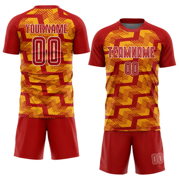 Custom Red Gold-White Line Sublimation Soccer Uniform Jersey