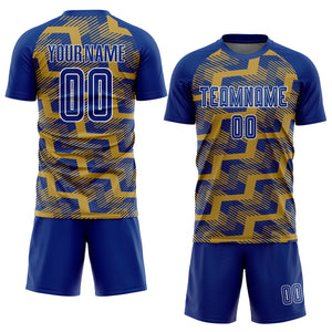 Custom Royal Old Gold-White Line Sublimation Soccer Uniform Jersey