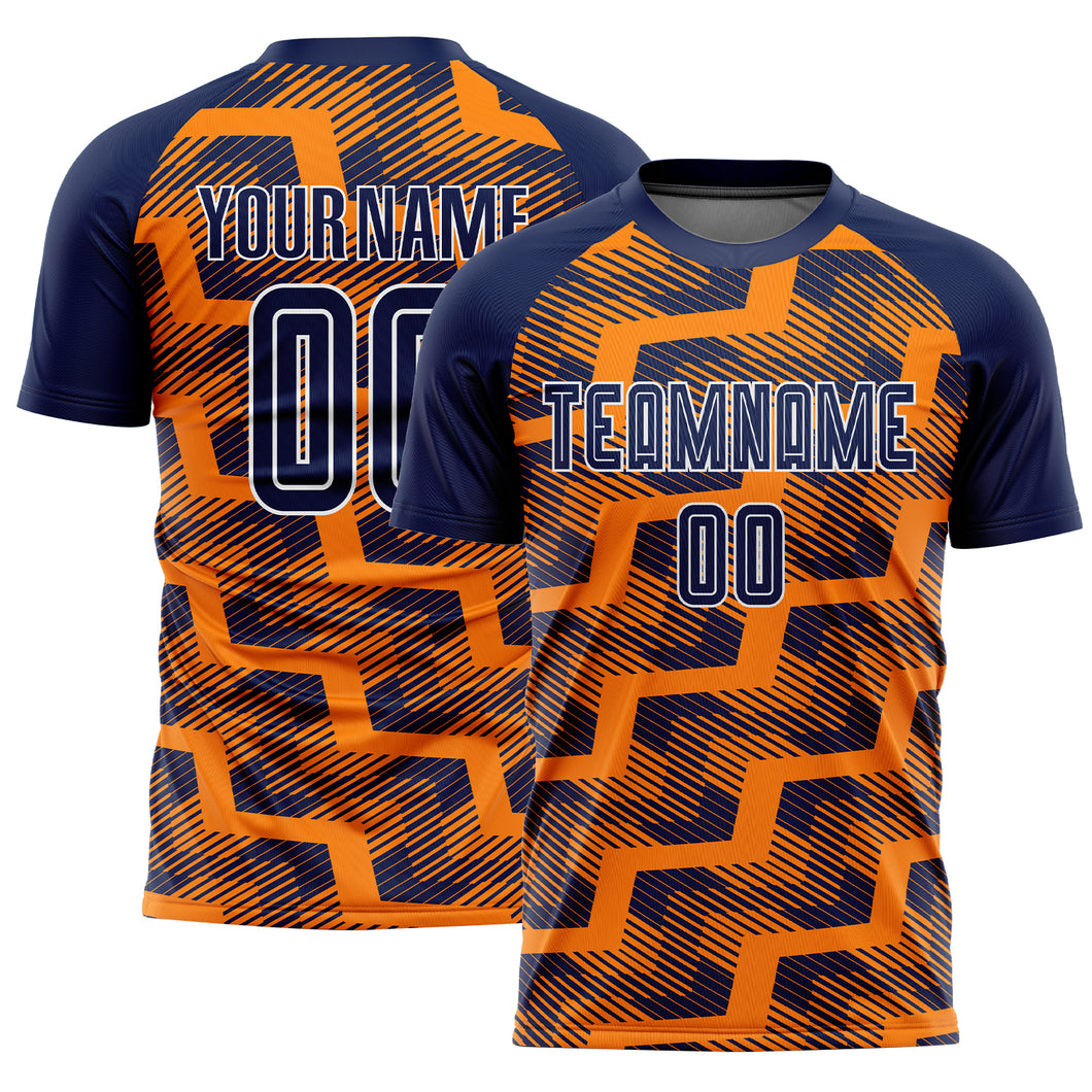 Custom Navy Bay Orange-White Line Sublimation Soccer Uniform Jersey