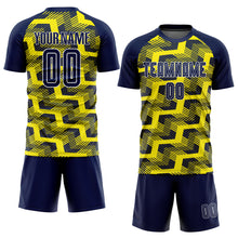 Load image into Gallery viewer, Custom Navy Light Yellow-White Line Sublimation Soccer Uniform Jersey
