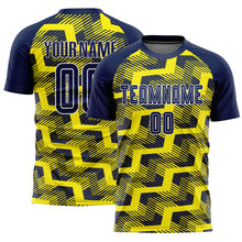 Load image into Gallery viewer, Custom Navy Light Yellow-White Line Sublimation Soccer Uniform Jersey
