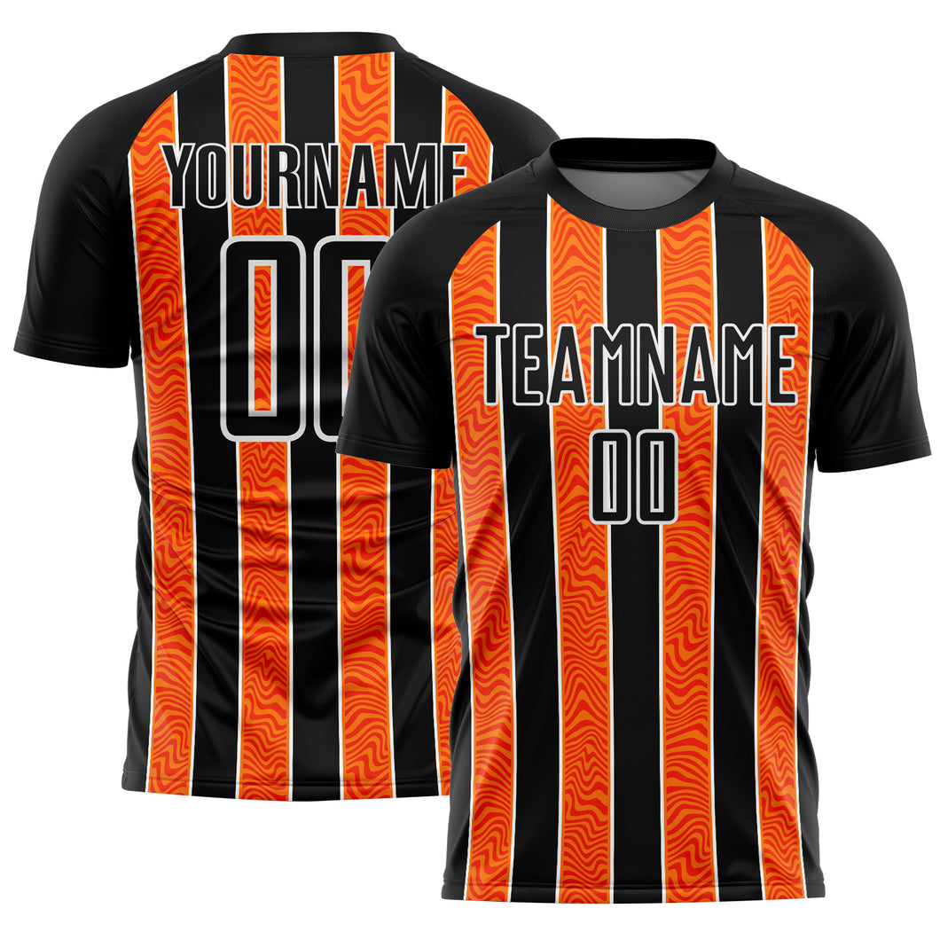 Custom Black Orange-White Line Sublimation Soccer Uniform Jersey