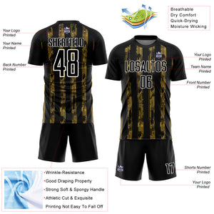 Custom Black Old Gold-White Line Sublimation Soccer Uniform Jersey