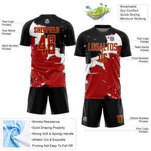 Custom Black Red-Old Gold Spalsh Sublimation Soccer Uniform Jersey