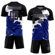 Load image into Gallery viewer, Custom Black Royal-Old Gold Spalsh Sublimation Soccer Uniform Jersey
