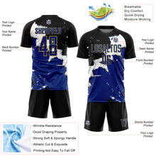 Load image into Gallery viewer, Custom Black Royal-Old Gold Spalsh Sublimation Soccer Uniform Jersey
