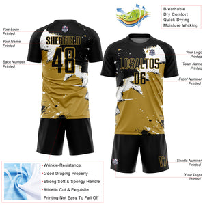 Custom Black White-Old Gold Spalsh Sublimation Soccer Uniform Jersey