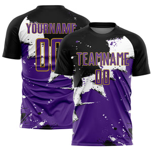 Custom Black Purple-Old Gold Spalsh Sublimation Soccer Uniform Jersey