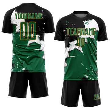 Custom Black Kelly Green-Old Gold Spalsh Sublimation Soccer Uniform Jersey