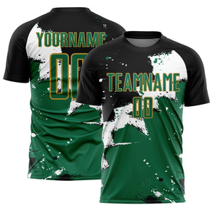 Custom Black Kelly Green-Old Gold Spalsh Sublimation Soccer Uniform Jersey