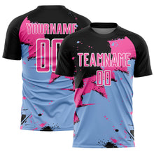 Load image into Gallery viewer, Custom Black Pink-Light Blue Spalsh Sublimation Soccer Uniform Jersey
