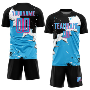 Custom Black Sky Blue-Pink Spalsh Sublimation Soccer Uniform Jersey