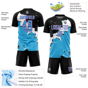 Custom Black Sky Blue-Pink Spalsh Sublimation Soccer Uniform Jersey