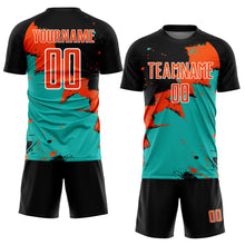 Load image into Gallery viewer, Custom Black Orange-Aqua Spalsh Sublimation Soccer Uniform Jersey
