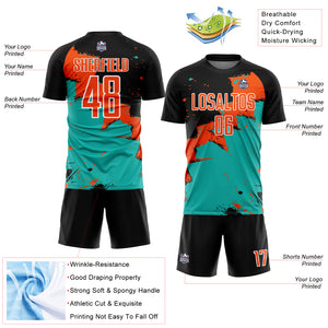 Custom Black Orange-Aqua Spalsh Sublimation Soccer Uniform Jersey