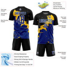 Load image into Gallery viewer, Custom Black Royal-Yellow Spalsh Sublimation Soccer Uniform Jersey
