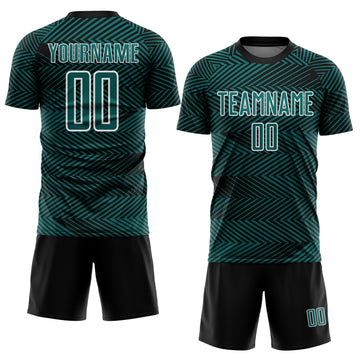 Custom Teal Black-White Line Sublimation Soccer Uniform Jersey