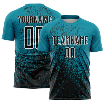 Custom Teal Black-White Abstract Fragment Art Sublimation Soccer Uniform Jersey