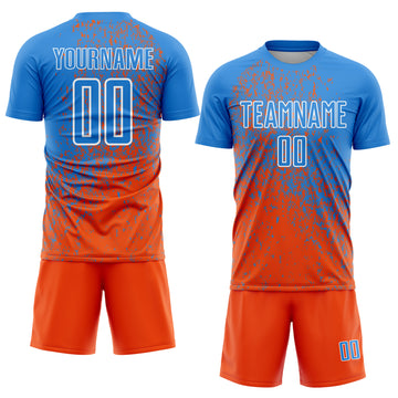 Custom Powder Blue Orange-White Abstract Fragment Art Sublimation Soccer Uniform Jersey